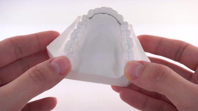 Hand of female doctor holding orthodontic dentures of ceramics 