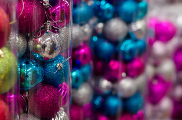 Obraz premium Set Christmas toys in the shop. Fir Tree Toys