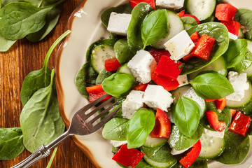 Fresh spinach salad with feta, cucumber and red paprika on a pla