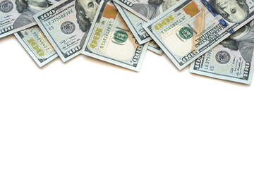 Pile of one hundred US Dollar Bills money isolated on white background with copy space for your text.