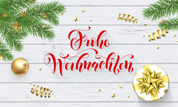 Frohe Weihnachten German Merry Christmas golden decoration and calligraphy font on white wooden background for greeting card. Vector Christmas or New Year gold shiny star, Xmas tree for winter holiday