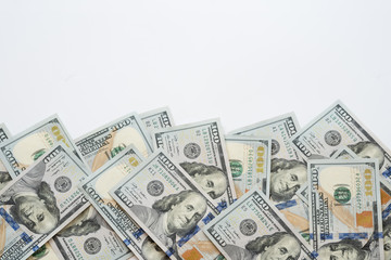 Pile of one hundred US Dollar Bills money isolated on white background with copy space for your text.