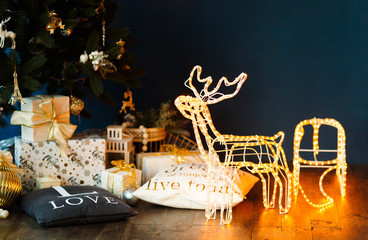 New Year glowing reindeer with sleigh