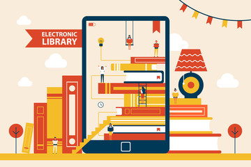 Electronic Library Promo Poster with Huge Tablet