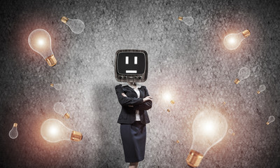 Business woman with old TV instead of head.