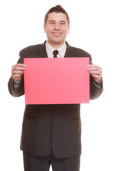 Business man holding sign red blank