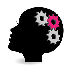 Woman head with gears and cogs. Thinking process, idea generation, brain functioning.