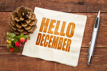 Hello December note on a napkin
