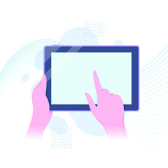 Hands holding tablet computer and tapping on screen in bright color