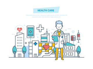 Healthcare and medical help. Medical institution, hospital, building, clinic.