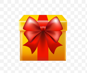 3d Realistic Yellow Gift Box with Red Bow on Transparent Background . Isolated Vector Element