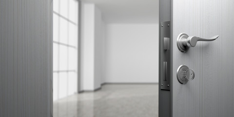 Fototapeta na wymiar Office or apartment doorway with open door, blur empty room background. 3d illustration
