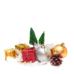 Christmas and Happy New Year stuff, gift present boxes silver golden balls for decorate in party.