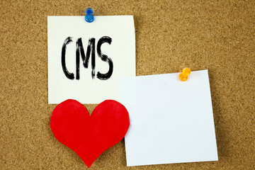 Conceptual hand writing text caption inspiration showing CMS concept for CMS WWW and Love written on sticky note, reminder cork background with copy space