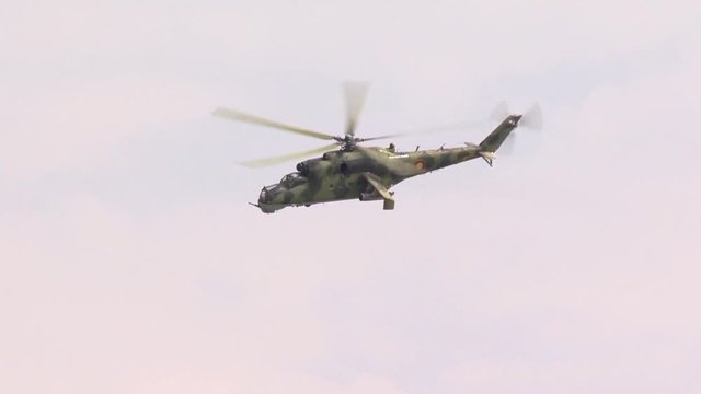 the Russian military MI24 helicopter circles in air