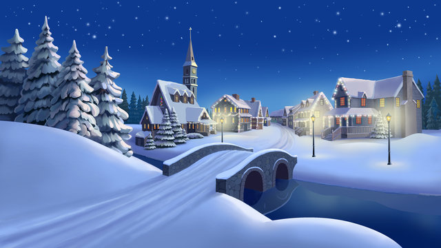 Christmas town background. Small town with river,  Church, houses decorated with festive lights.
