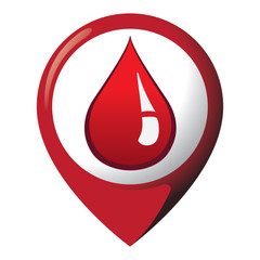 Icon representing location with drop of blood, place of blood donation. Ideal for catalogs of institutional materials