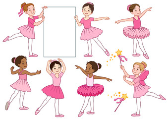 Vector cartoon illustration collection of cute multicultural little ballerina girls characters wearing pink leotards and tutu skirts. Ballet, dance, creative movement themed design elements