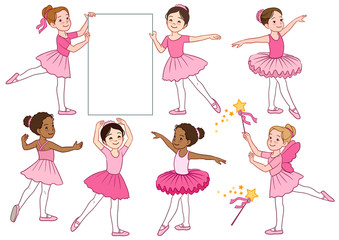 Vector cartoon illustration collection of cute multicultural little ballerina girls characters wearing pink leotards and tutu skirts. Ballet, dance, creative movement themed design elements © Elena