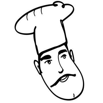 recommend clip art: Attractive chef head sketch. Male chef face with mustache in toque. Freehand handsome cook for logo, posters, prints, design, magazines illustrations, magnets, clothes, culinary school, menu, cafe
