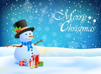 Merry Christmas. Snowman holding a gift in Christmas snow scene. Vector illustration