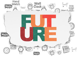 Fototapeta premium Time concept: Painted multicolor text Future on Torn Paper background with Hand Drawing Time Icons