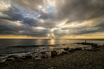 Sea view on the sunset in Black sea beach, panoramic picture