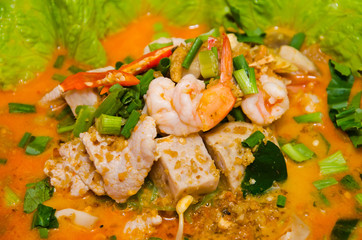 Thai style noodle, tom yum kung,Noodles seefood spicy Tom yum