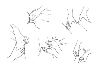 Set of 5 different kind of the massage. Two hands doing back, neck, foot and hand massage. Black and white sketch illustration of a relaxation treatment, massage.