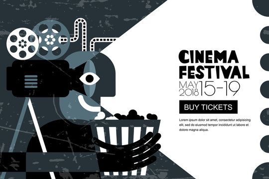 Vector cinema festival black white poster, flyer background. Abstract sale tickets banner background. Movie time and entertainment concept. Man with popcorn and camera, trendy flat illustration.