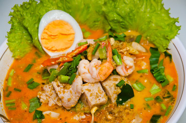 Thai style noodle, tom yum kung,Noodles seefood spicy Tom yum