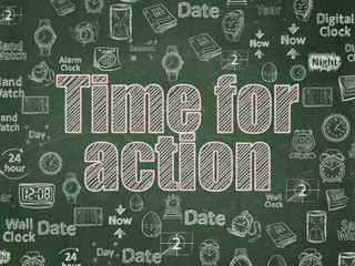 Time concept: Chalk Pink text Time for Action on School board background with  Hand Drawing Time Icons, School Board