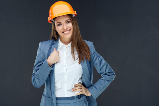 Smiling Woman Builder Engineer Business Portrait On Black.