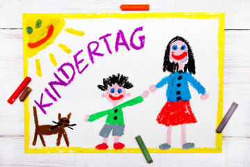 Fototapeta na wymiar Colorful drawing: Children's day card with German words Children's day