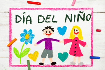 Colorful drawing: Children's day card with Spanish words Children's day