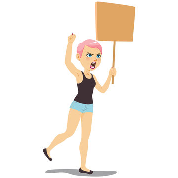 Young woman with fist up marching in protest holding blank cardboard banner screaming angry
