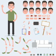 Creating a young guy with a lot of different views, emotions, postures and gestures. Cartoon style, flat vector illustration.
