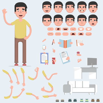 Creating a young guy with a lot of different views, emotions, postures and gestures. Cartoon style, flat vector illustration.