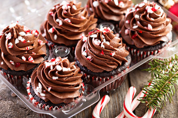 Chocolate peppermint cupcakes with candy cane