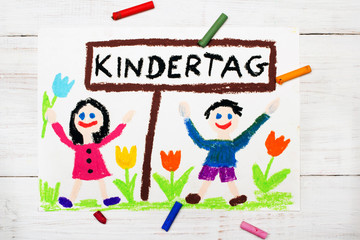Obraz na płótnie Canvas Colorful drawing: Children's day card with German words Children's day