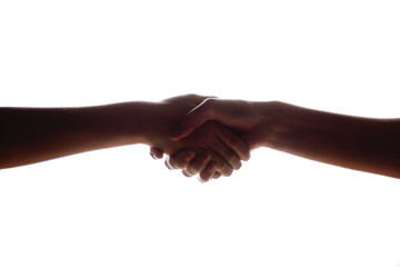 Isolated image of a handshake and the mother and son, woman and boy. The concept of family, support, help, love.