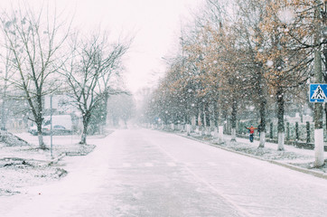 Snowfall on the street. The road is in the snow, in the air a lot of snowflakes are flying
