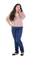 Overweight young woman on white background