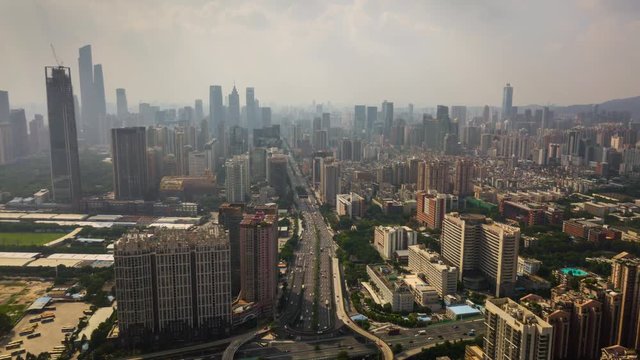 sunny day guangzhou cityscape famous traffic road junction aerial panorama 4k timelapse china
