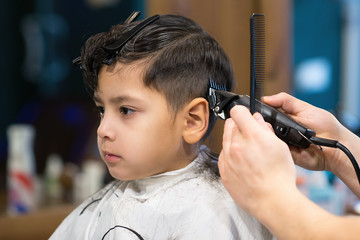 the boy is cut in hairdressing salon - obrazy, fototapety, plakaty