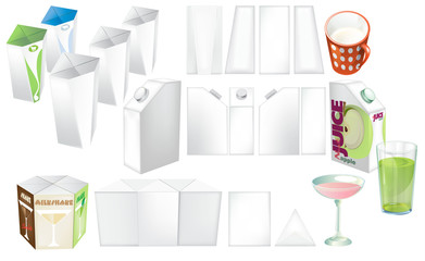 Set of juice, cocktails and milk blank, realistic colorful boxes.