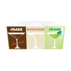 Blank white realistic colorful boxes for juice, shake: milk, chocolate.