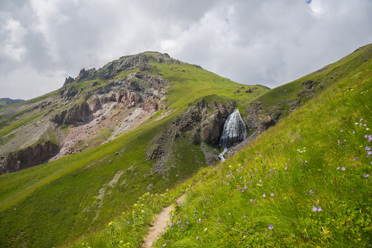 Beautiful landscape with mountain waterfall, Kabardino-Balkaria, Russian Federation