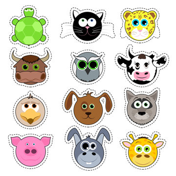 Set of cute cartoon animals. Cute animal face sticker collection.
