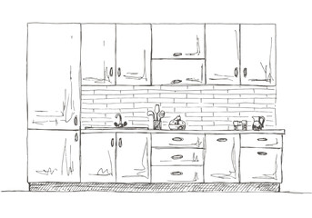 Hand drawn kitchen furniture. Vector illustration in sketch style